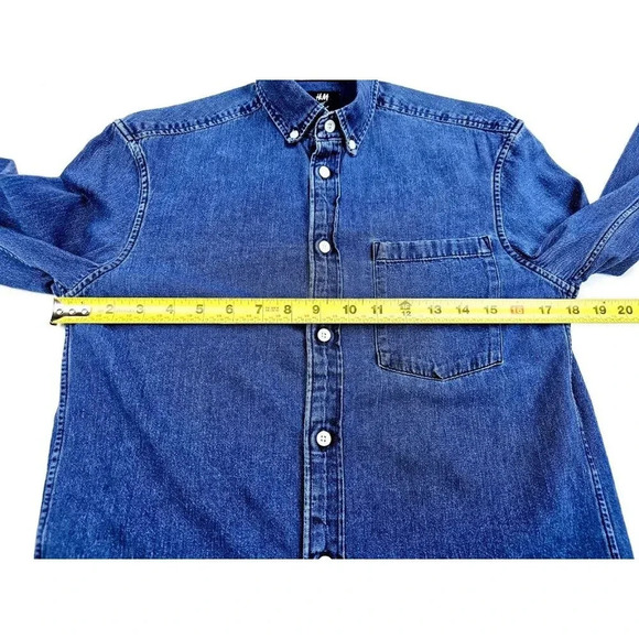 H&M Size XS Men's Blue Denim Button Down Long Sleeve Cotton Pocket Shirt - Picture 3 of 9